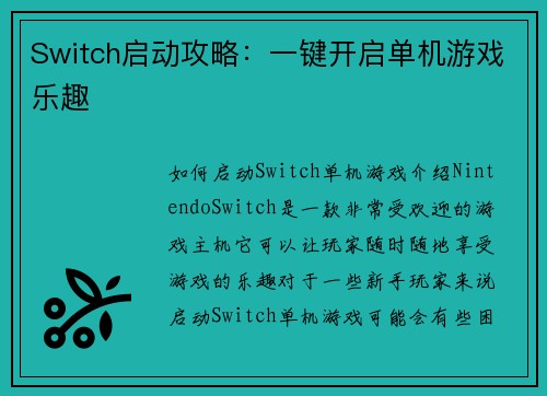 Switch启动攻略：一键开启单机游戏乐趣